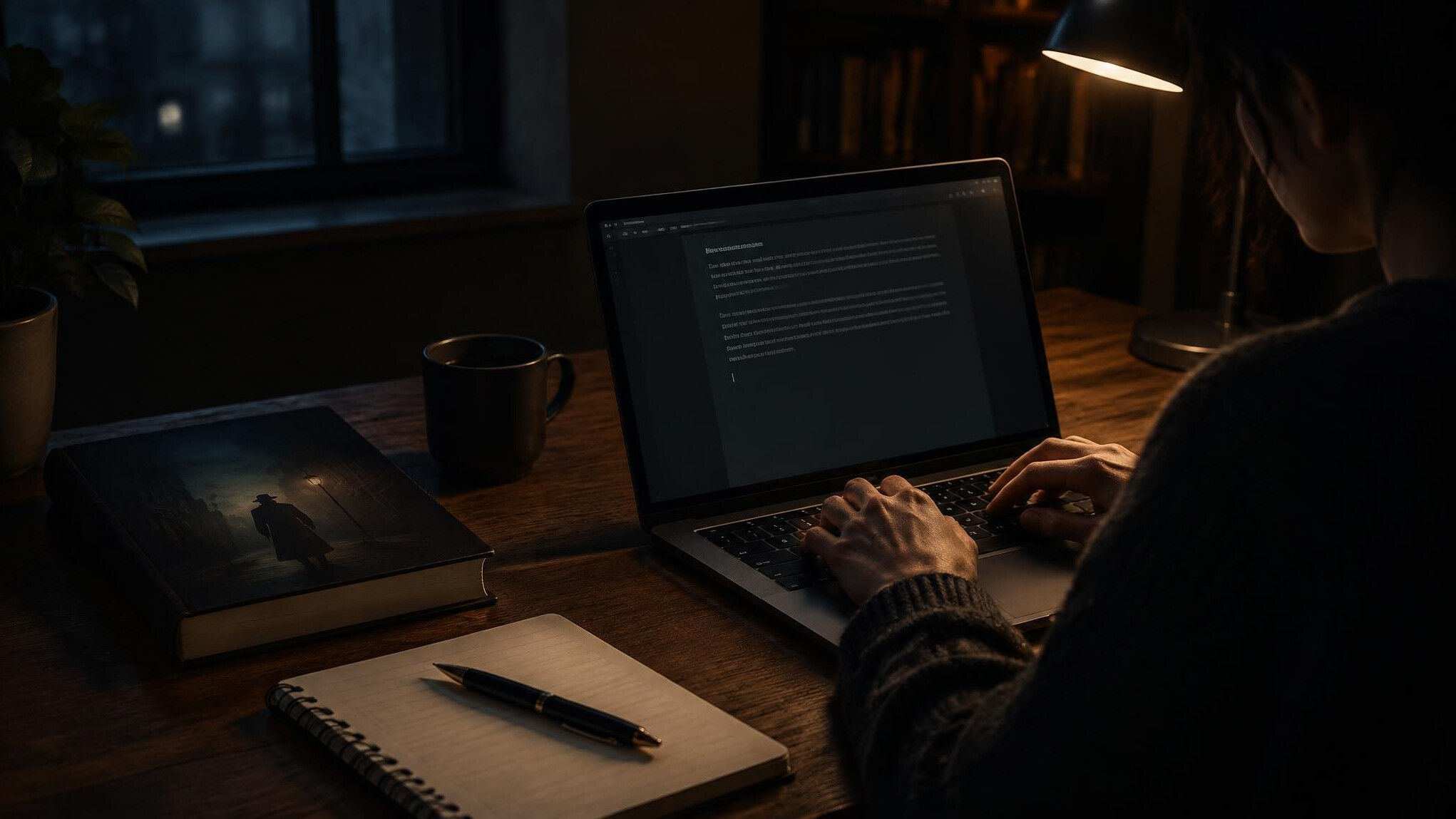 writer typing on laptop in dim light