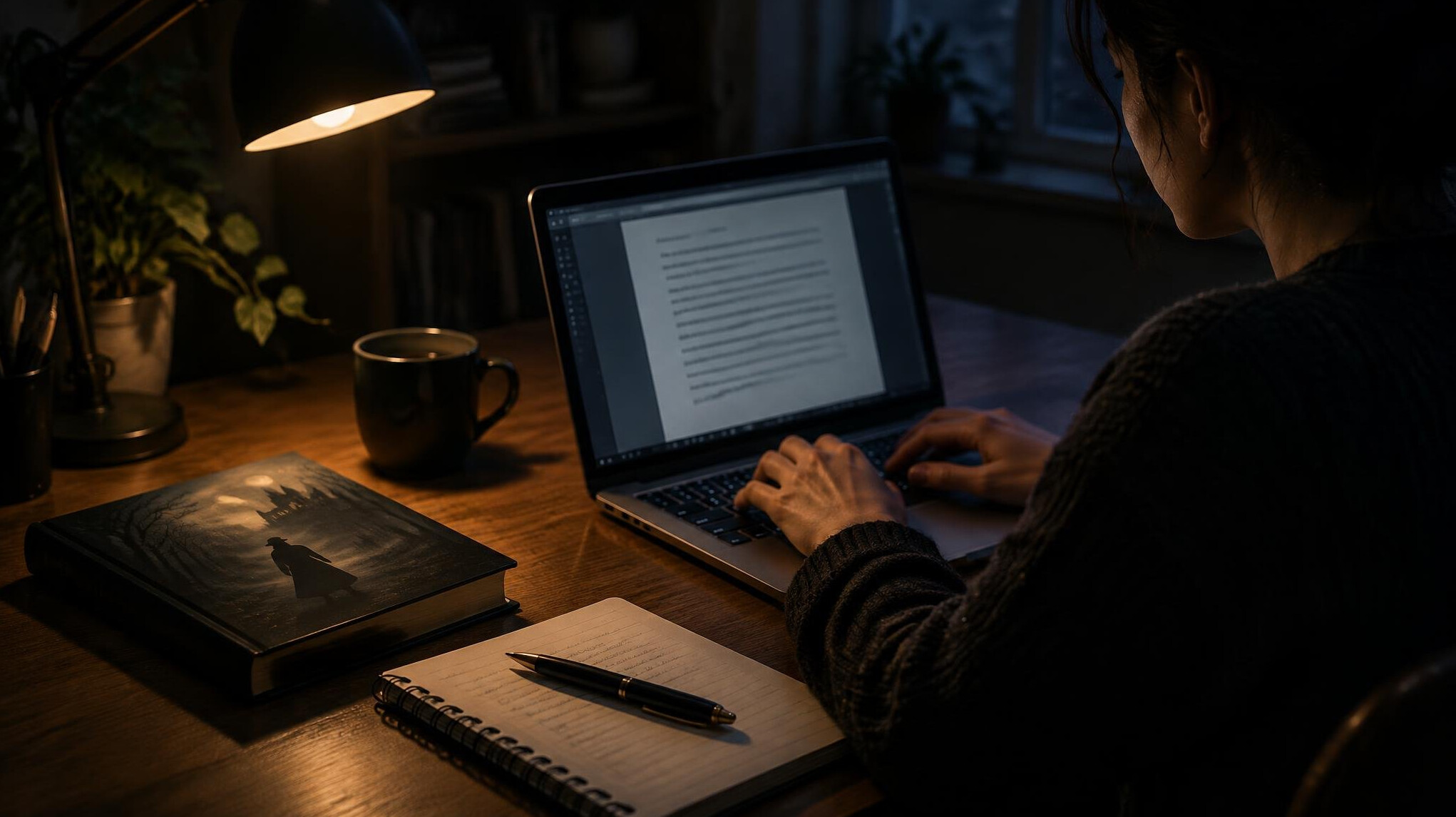writer typing on laptop in dim light