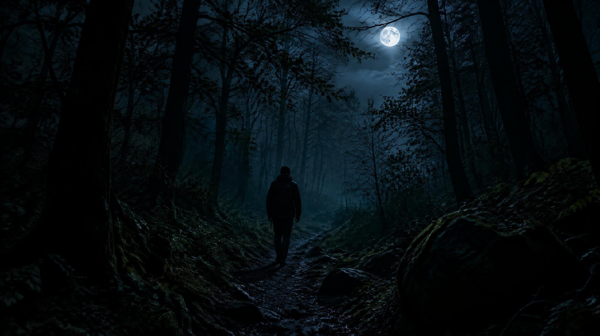 person walking in dark forest at night