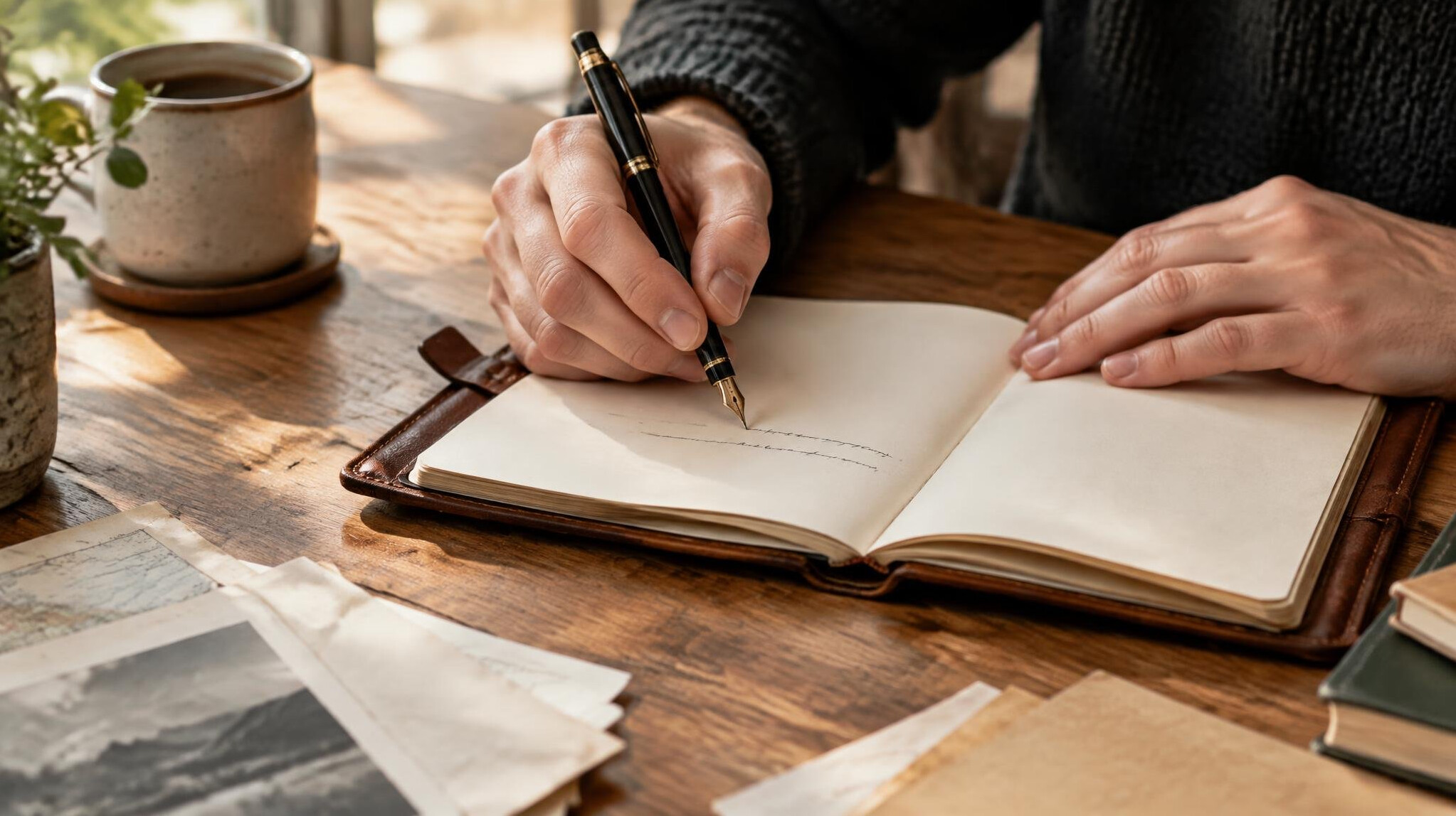 Hands writing with a fountain pen in a notebook on a wooden desk