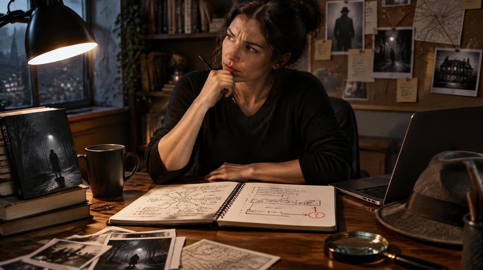 mystery writer at desk