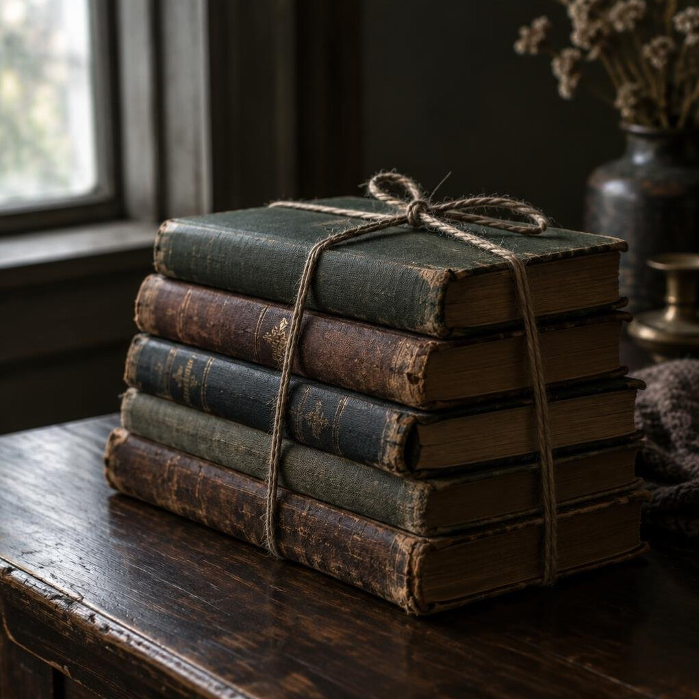 Stack of old hardcover books on a wooden table
