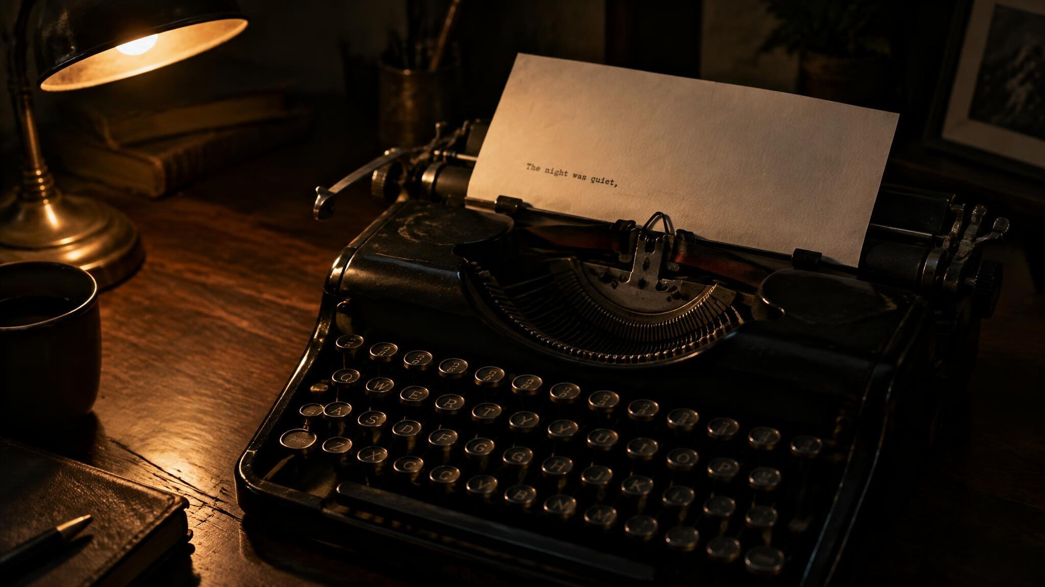 Vintage typewriter on a wooden desk in dim light