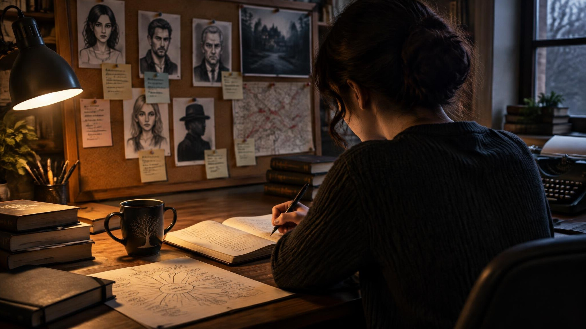 mystery writer at desk