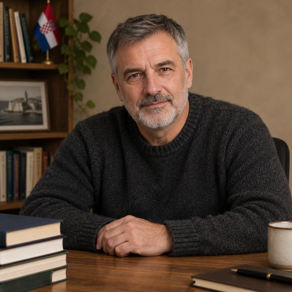 Portrait of a middle-aged Croatian man with grey beard sitting at a desk