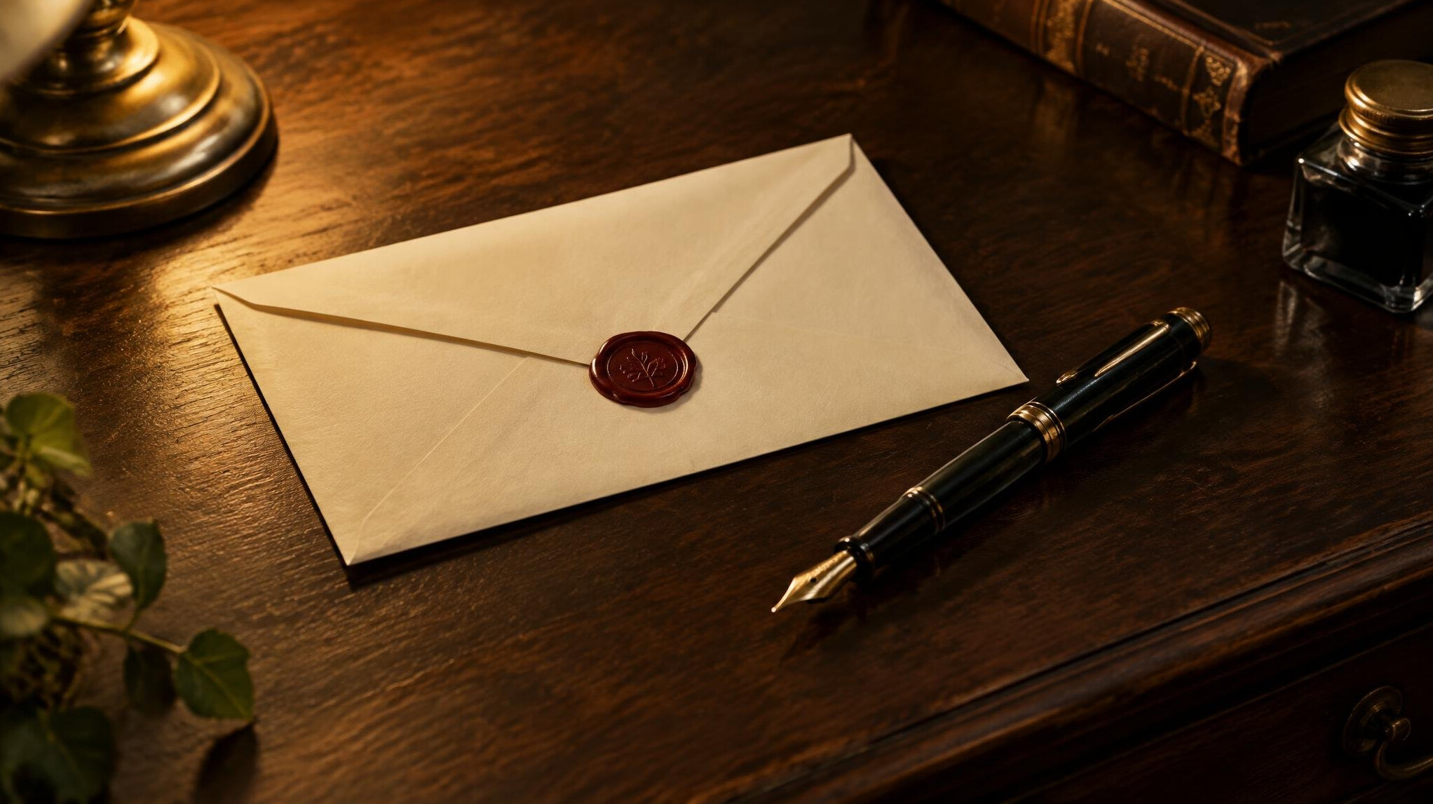 Sealed envelope and pen on an antique wooden writing desk