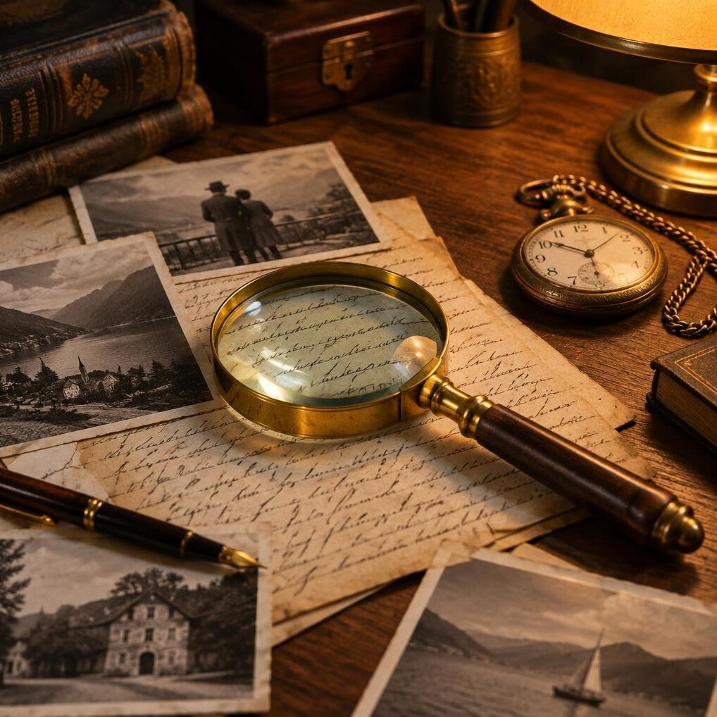 Magnifying glass resting on handwritten notes and old photographs