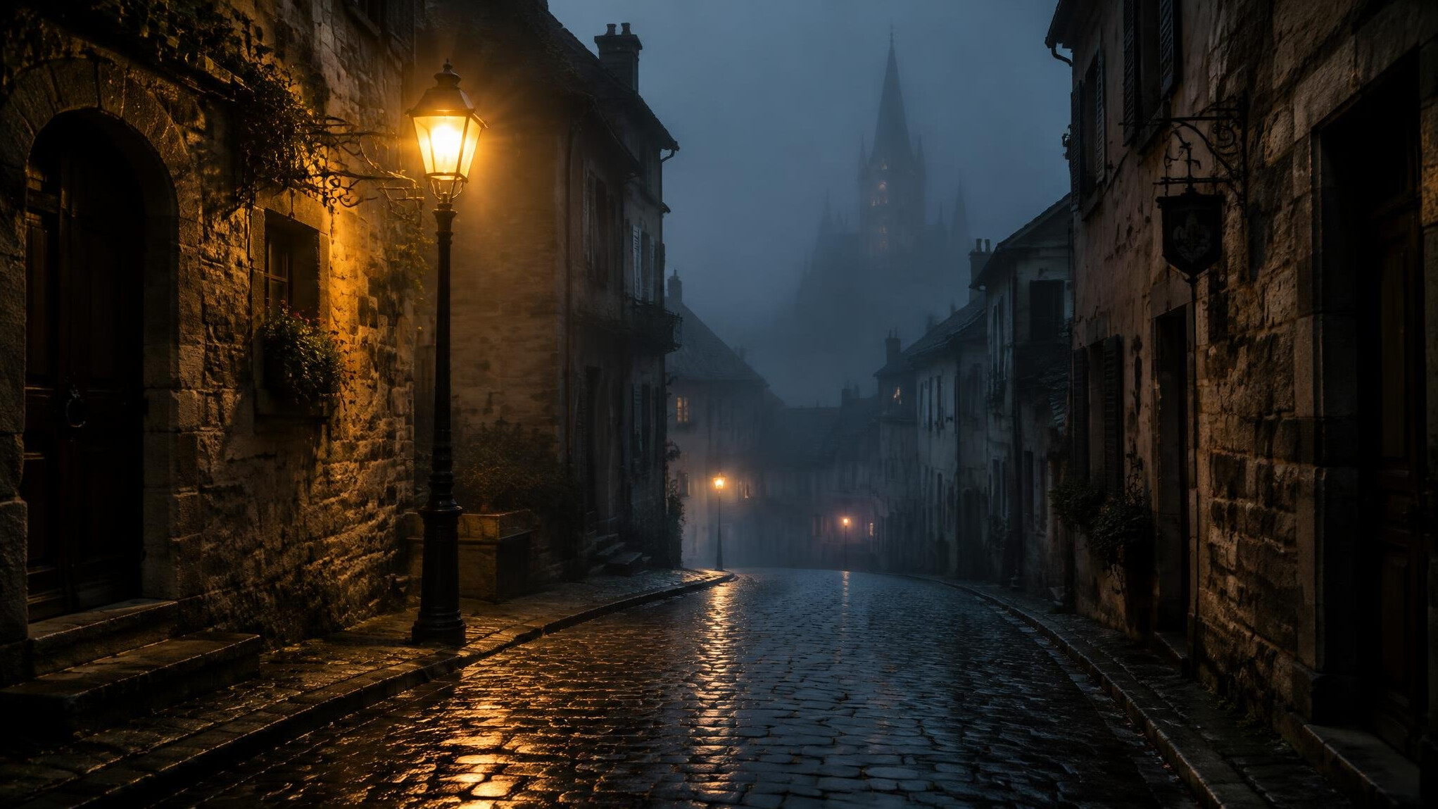 Foggy old European street at night with a single lamp post