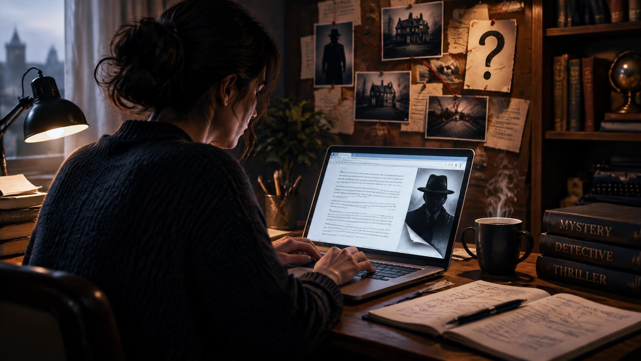 mystery writer typing story