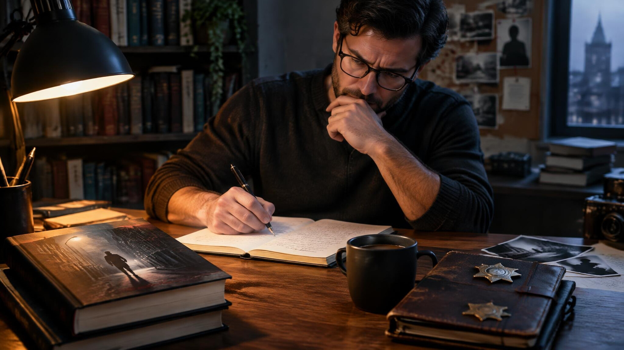 author writing crime novel at desk